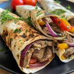 Nahaufnahme eines Griechischen Rinderwraps mit frischen Zutaten.