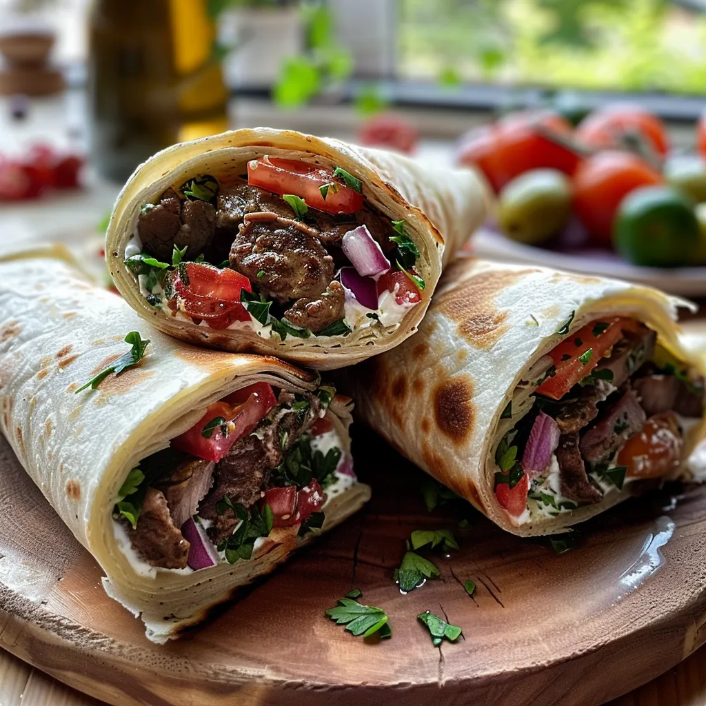 Seitenansicht eines saftigen Rinderwraps, gefüllt mit Gemüse und Joghurtsoße.