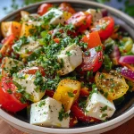 Nahaufnahme eines frischen Griechischen Kichererbsensalats mit bunten Zutaten.