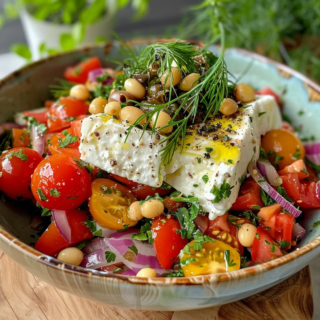 Seiteansicht eines Kichererbsensalats mit Feta, Gurken und Tomaten.