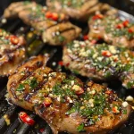 Saftige Grillgarnelen mit Knoblauch, Zitrone und Chili auf einem Grill.