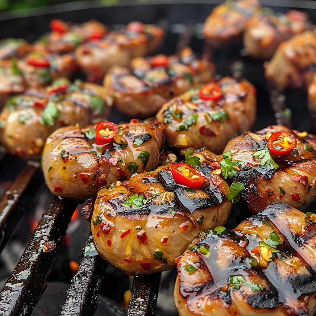 Nähere Ansicht von gegrillten Garnelen mit Kräutern und Zitrone.