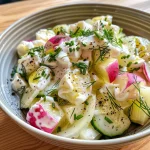 Nahaufnahme eines frischen Gurkensalats mit Joghurt Dressing in einer Schüssel.