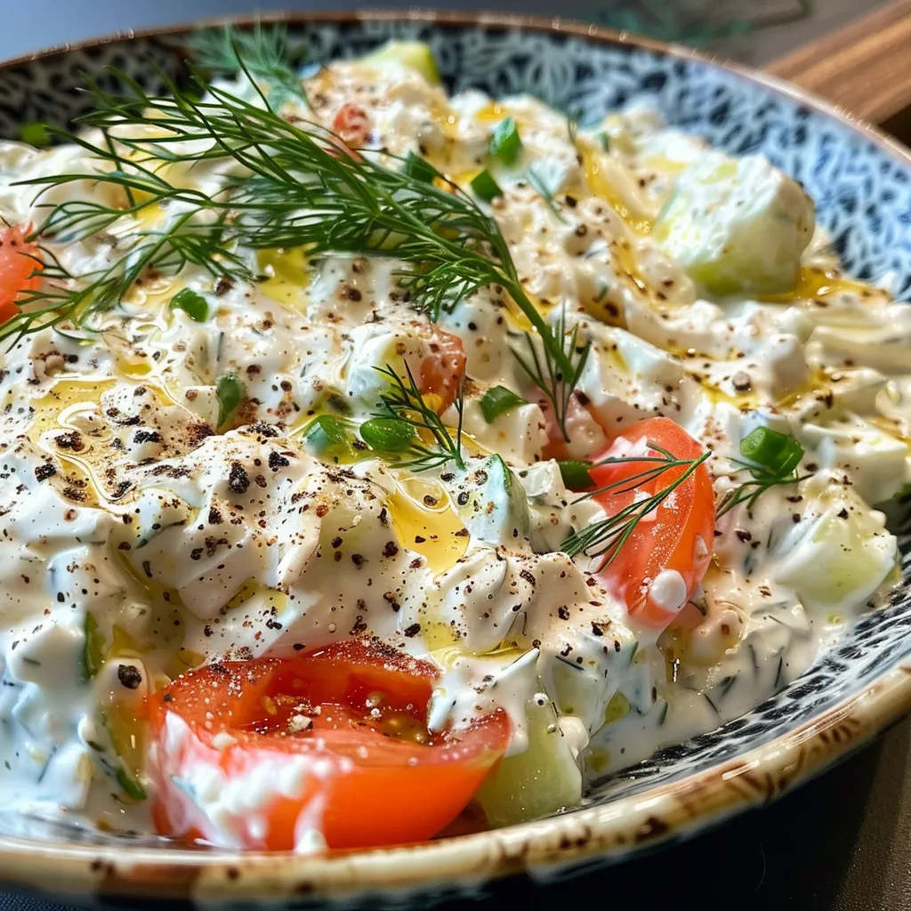 Seiteansicht eines appetitlichen Gurkensalats mit einer cremigen Joghurtsoße.