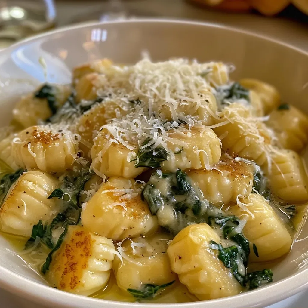 Seiteansicht eines Tellers Hähnchen Brokkoli Gnocchi mit cremiger Sauce.