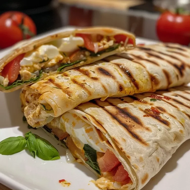 Saftiger Hähnchen Mozzarella Wrap mit Tomaten und Basilikum.