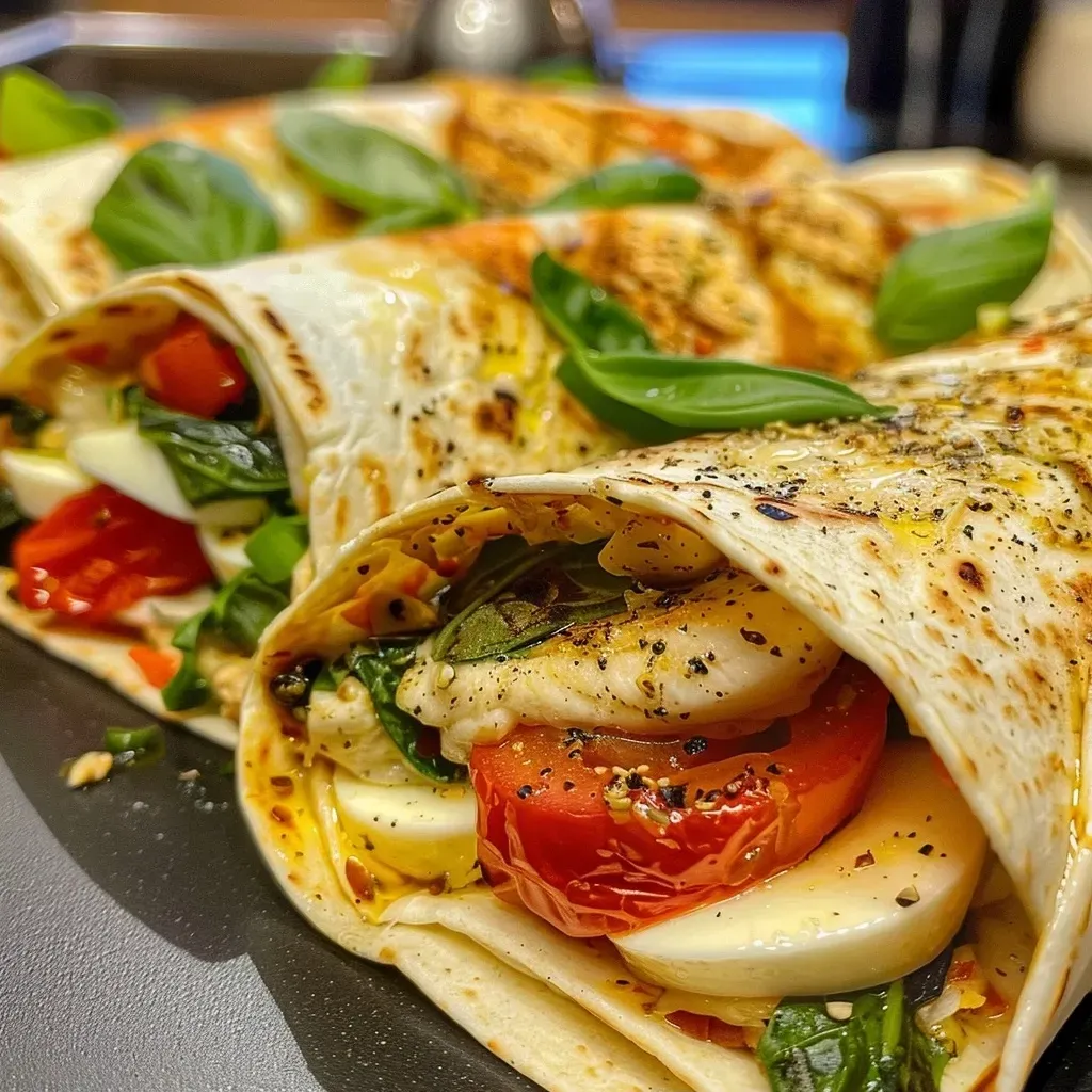 Nahaufnahme eines Hähnchen Wraps mit frischem Mozzarella und Kirschtomaten.