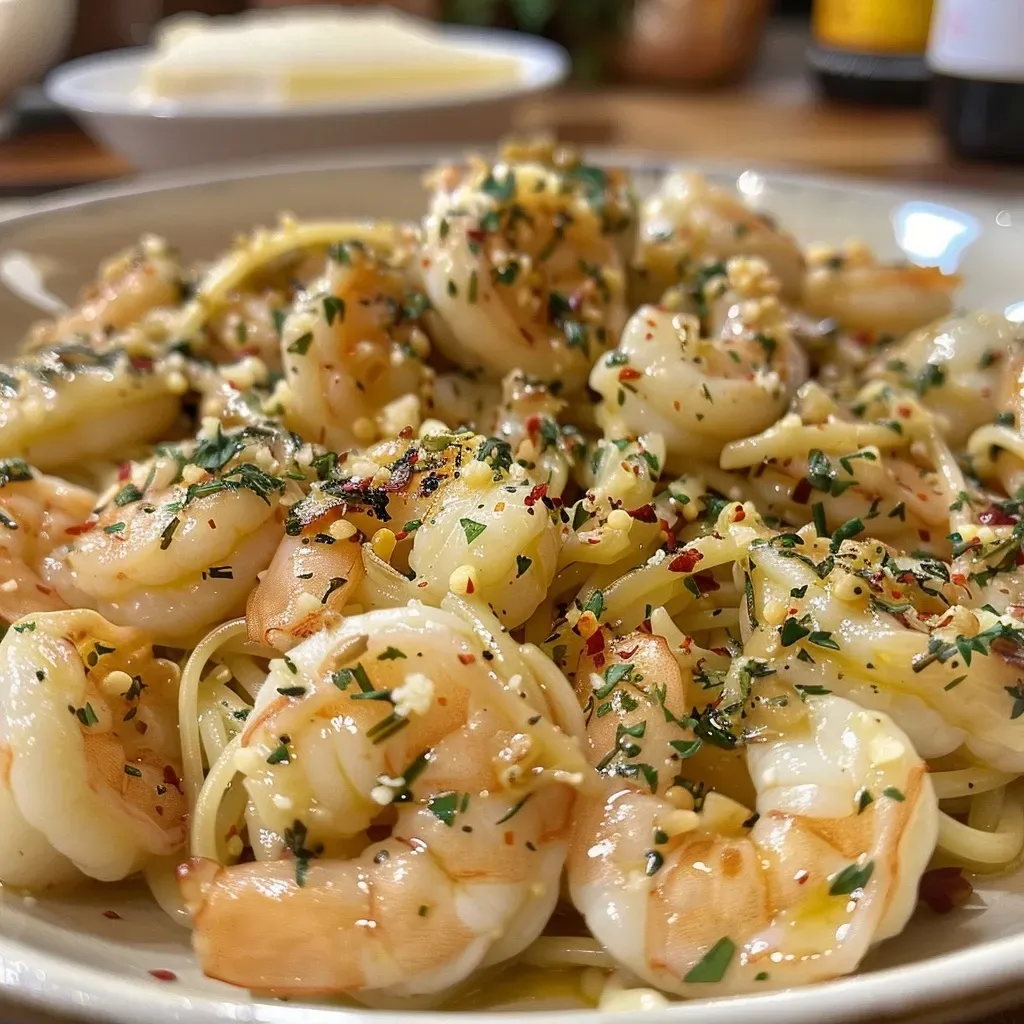 Seiteansicht eines Tellers mit Hähnchen Scampi und Parmesanreis.