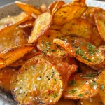 Nahaufnahme von knusprigen, hausgemachten Kartoffelchips auf einem Teller.