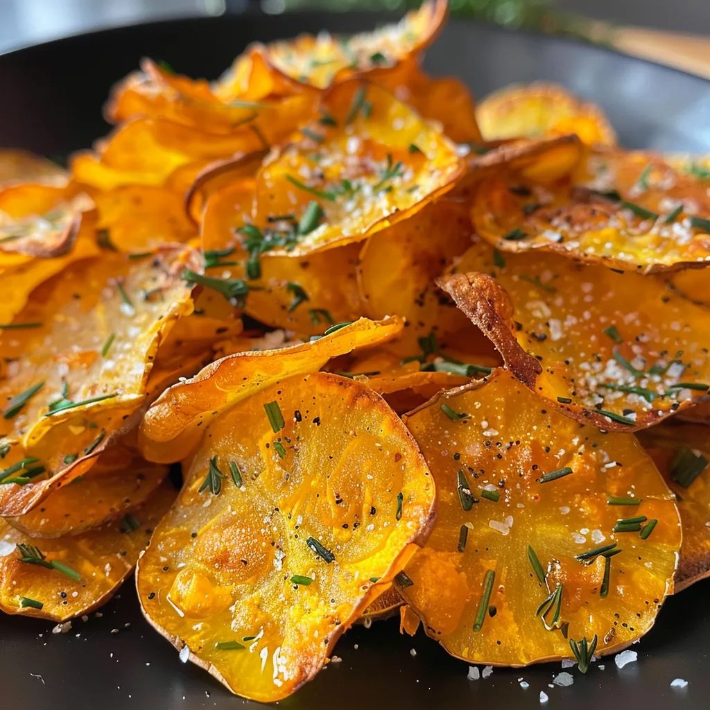 Seiteansicht von frisch gebratenen Kartoffelchips, goldbraun und knusprig.