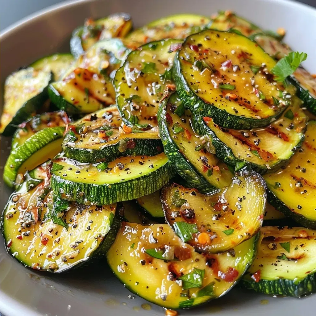 Zucchinischeiben mit Kräutern, frisch zubereitet und angerichtet.
