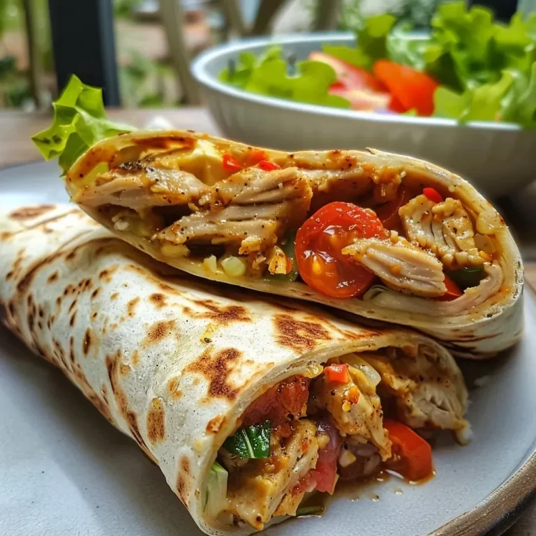 Nahaufnahme eines saftigen Honig-Senf-Hähnchen-Wraps in seitlicher Ansicht.