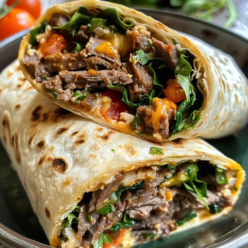 Detailaufnahme eines frisch zubereiteten Hähnchen-Wraps mit bunter Füllung.