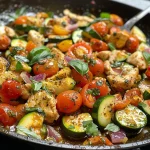 Nahaufnahme eines mediterranen Hühner-Zucchini-Auflaufs mit buntem Gemüse.