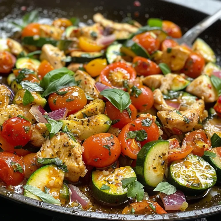 Sabor Mediterráneo en 30 Minutos: Horneado de Pollo y Calabacín Nahaufnahme eines mediterranen Hühner-Zucchini-Auflaufs mit buntem Gemüse.