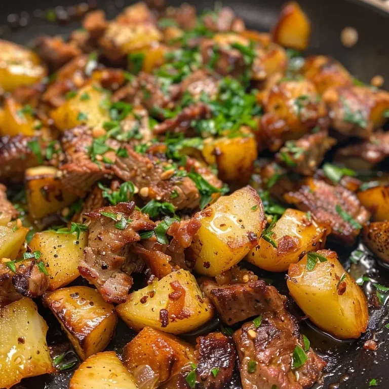 Nahaufnahme eines herzhaften Kartoffel-Hackfleisch-Gerichts in einer Pfanne.