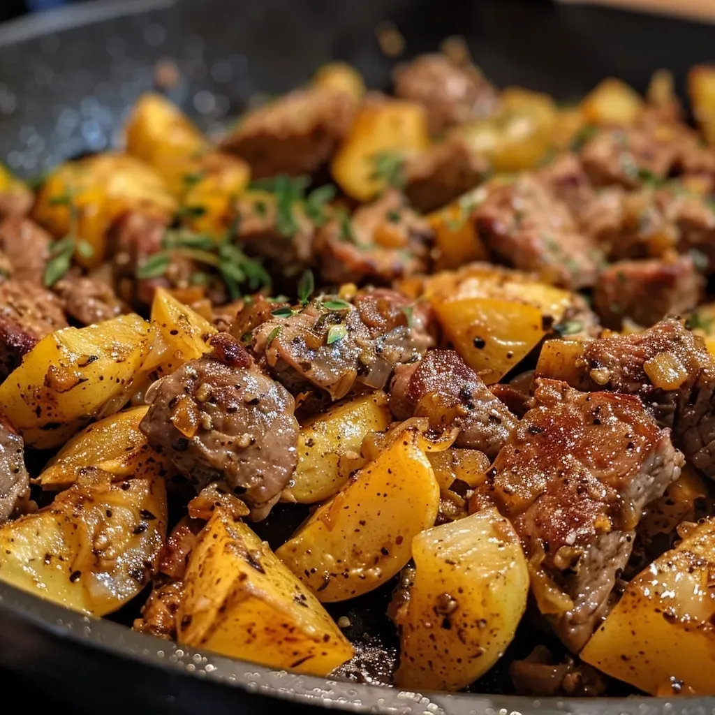 Seitenansicht einer leckeren Kartoffel-Hackfleisch-Pfanne, die frisch zubereitet aussieht.
