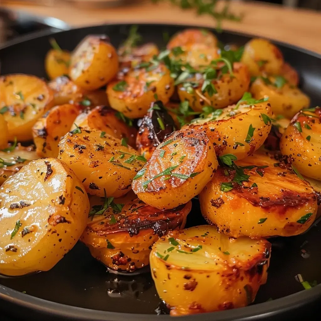 Seitenansicht von saftigen Kartoffeln, frisch zubereitet und angerichtet.