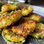 Seitenansicht von Kichererbsen-Zucchini-Kroketten auf einem Teller.