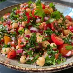 Ein frischer Kichererbsensalat mit bunten Zutaten in einer Schüssel.