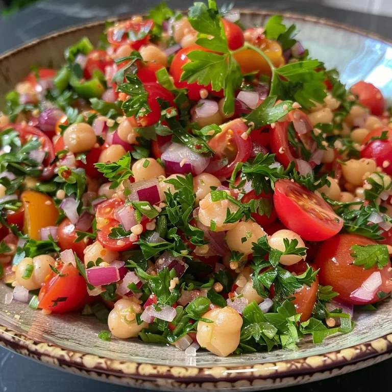 Ein frischer Kichererbsensalat mit bunten Zutaten in einer Schüssel.