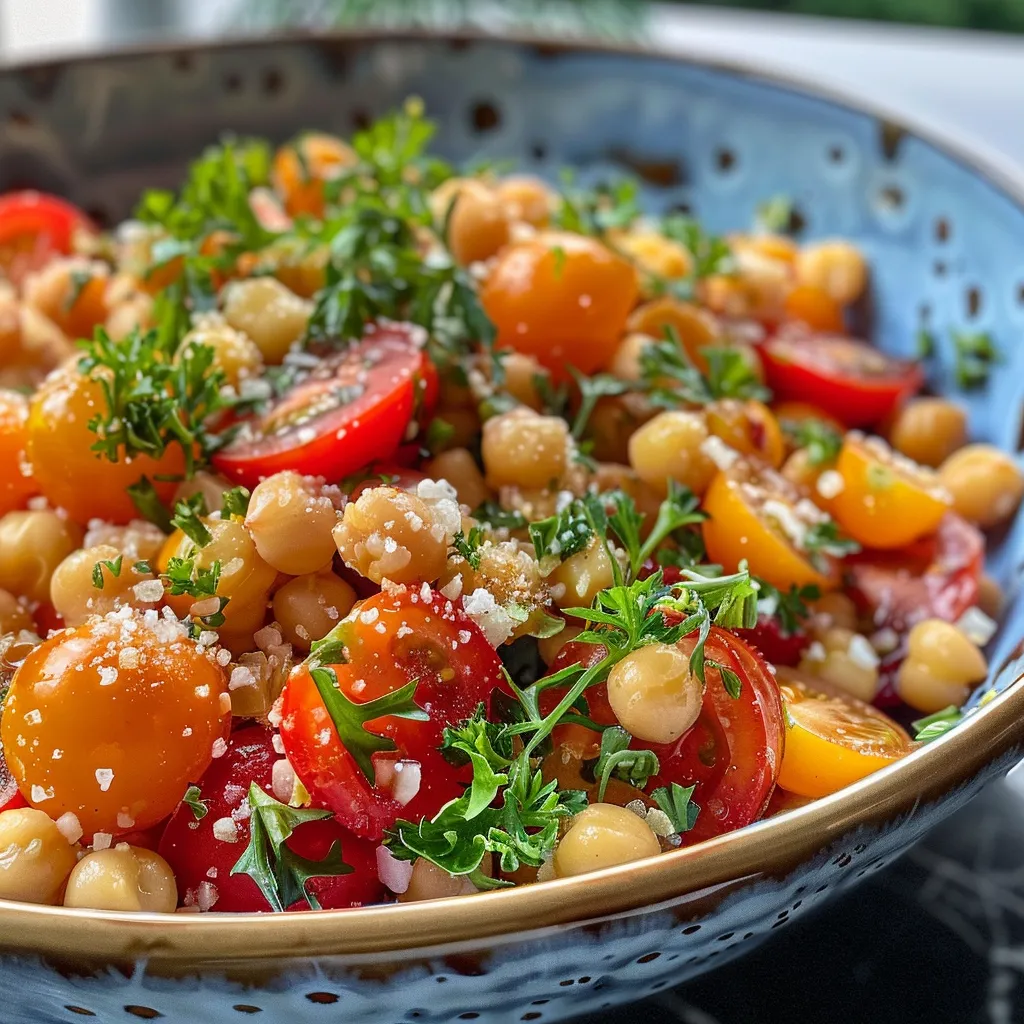 Detailansicht eines Salats mit Kichererbsen, Gurken und Tomaten.