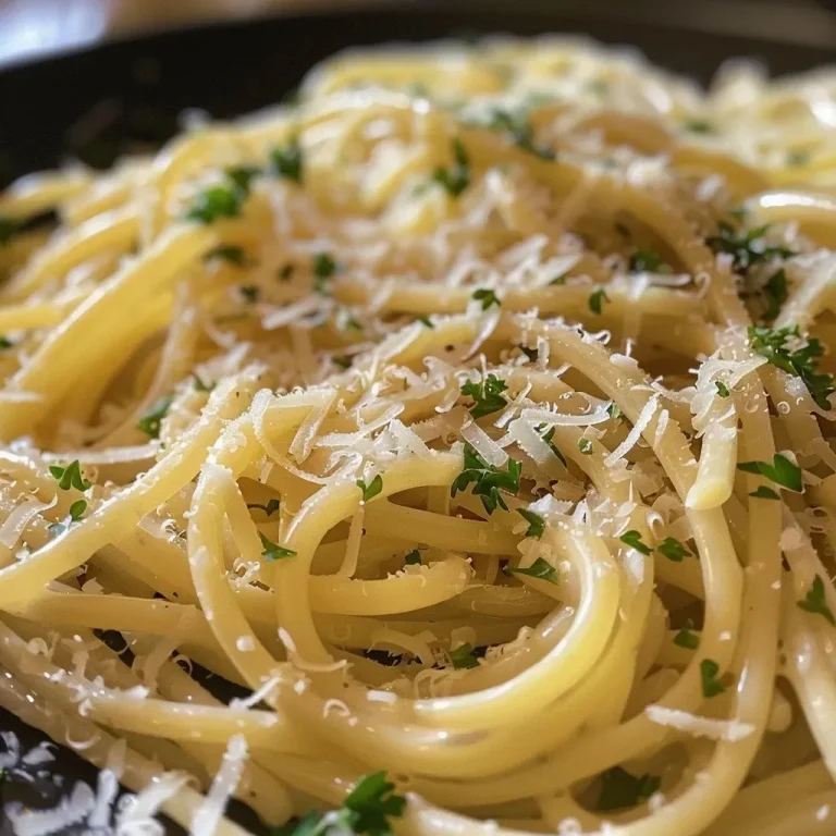 Eine Nahaufnahme von Knoblauch-Parmesan-Nudeln in einer Schüssel.