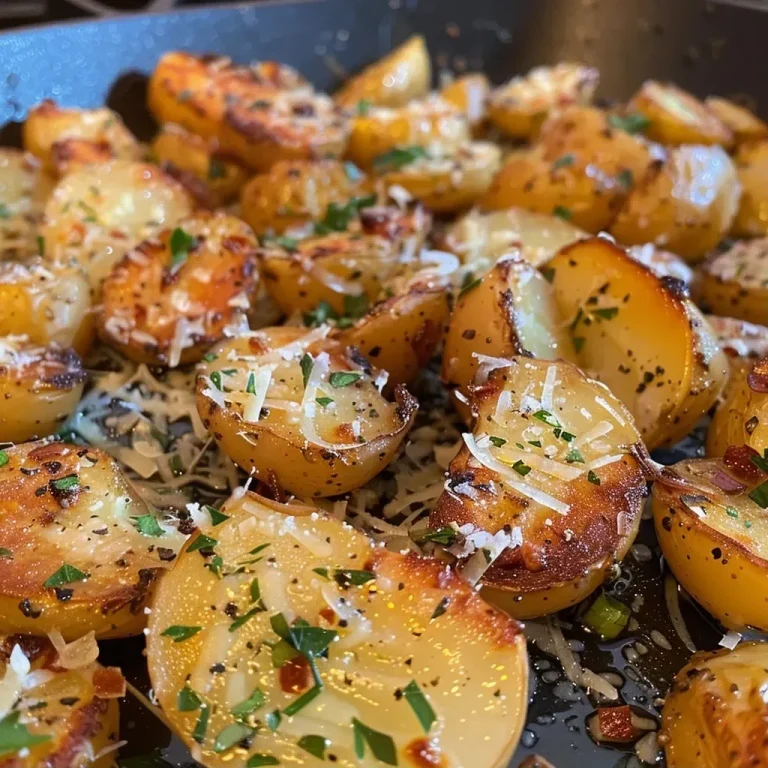 Nahaufnahme von saftigen Knoblauch-Parmesan-Ofenkarotten auf einem Teller.