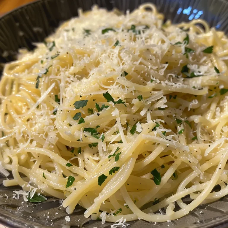 Nahaufnahme von Knoblauch-Parmesan-Pasta mit frischen Kräutern.