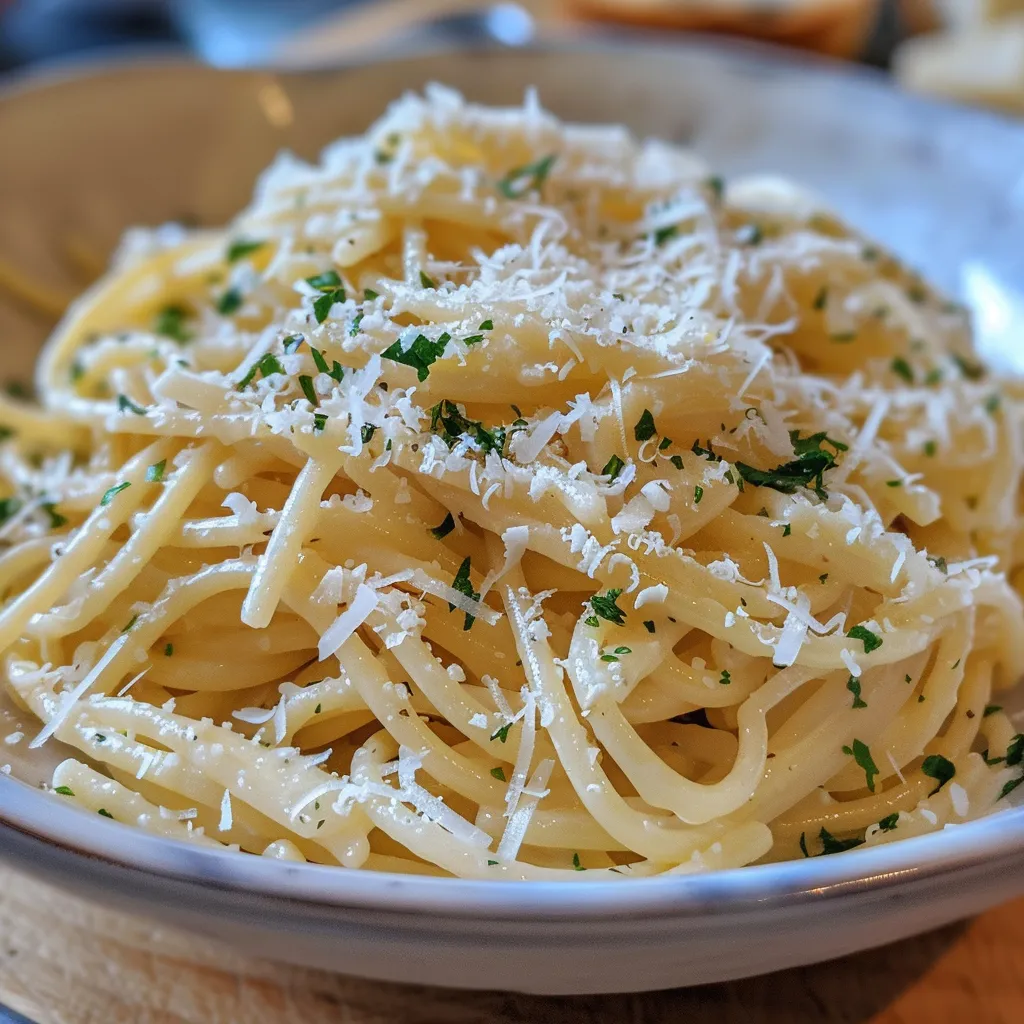 Seiteansicht einer köstlichen Knoblauch-Parmesan-Pasta in einer Schüssel.