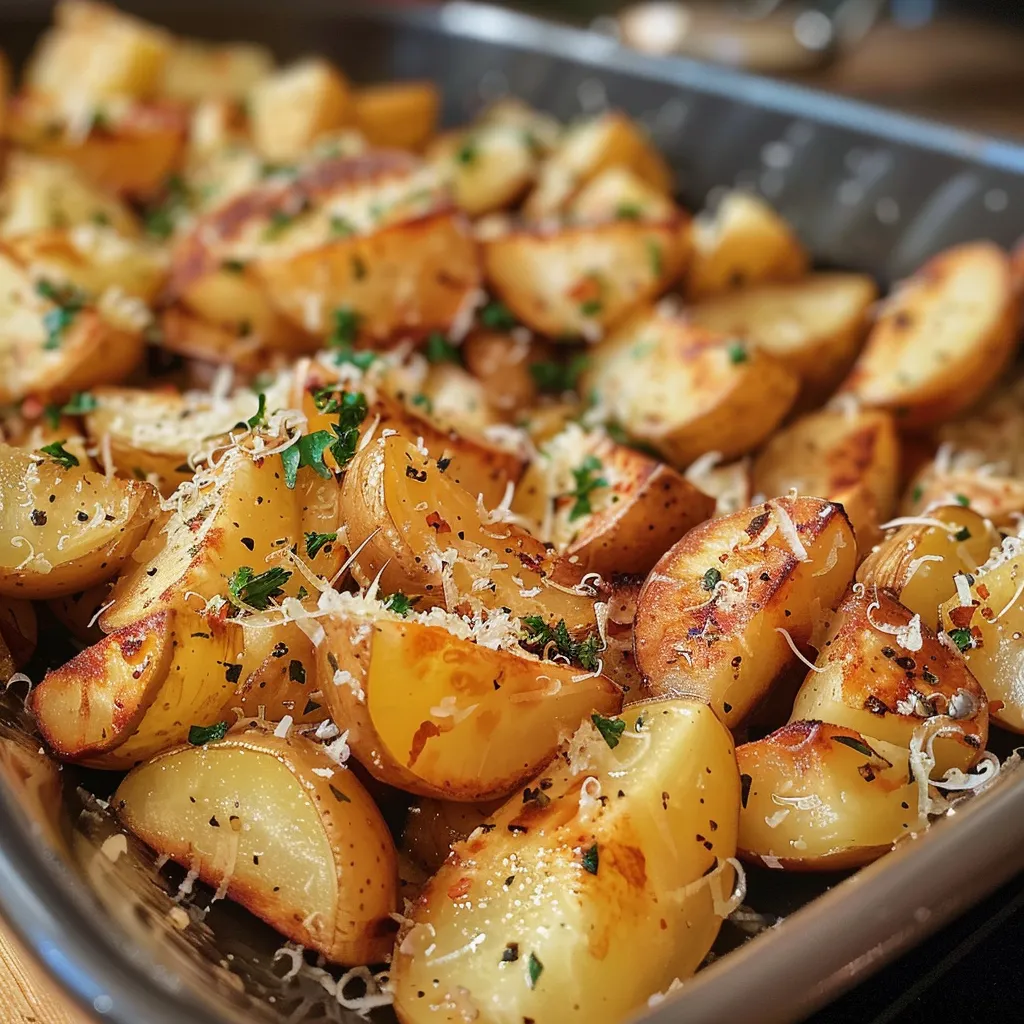 Seitenansicht von goldbraunen Knoblauch-Parmesan-Kartoffelspalten auf einem Teller.