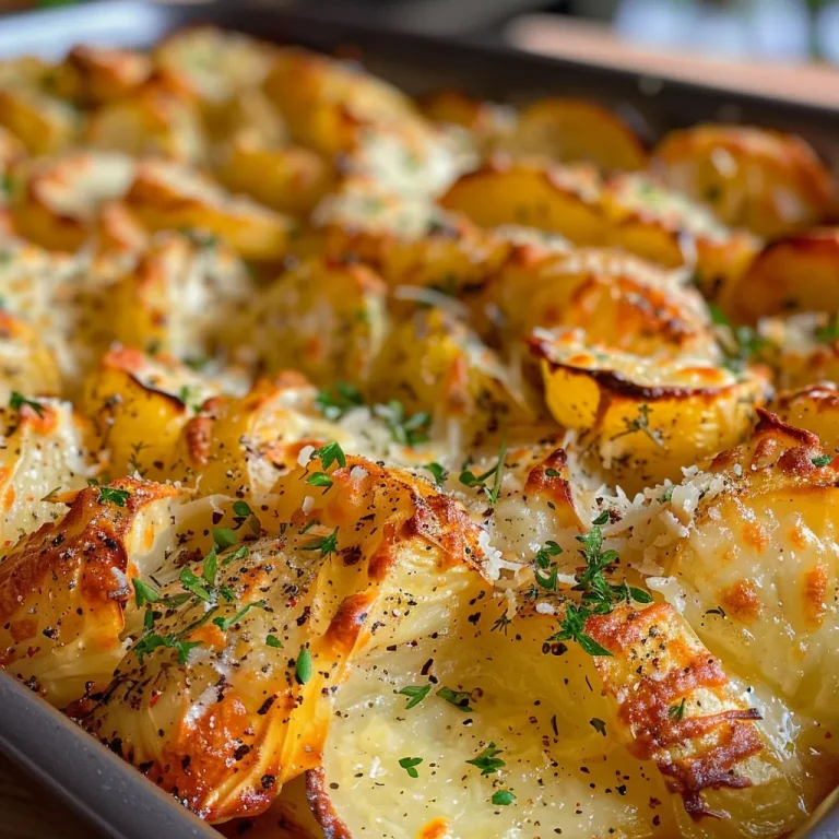 Nahaufnahme von knusprigen Parmesankartoffeln aus dem Ofen, goldbraun und appetitlich.