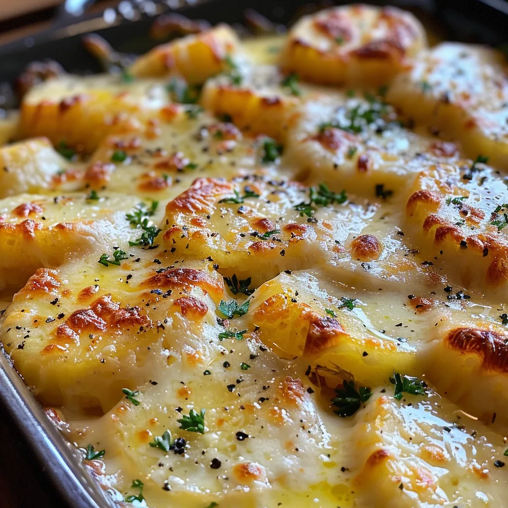 Seitenansicht einer Schüssel knuspriger Parmesankartoffeln, perfekt gebräunt und garniert.