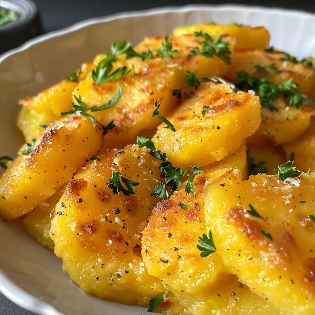 Detailaufnahme von Polenta-Pommes, perfekt gebräunt und knusprig.