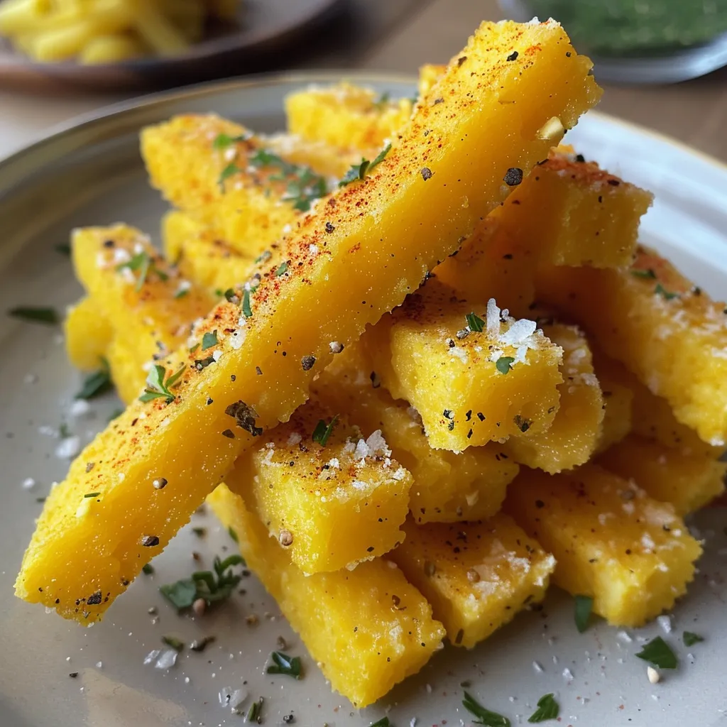 Seitenansicht von golden gebratenen Polenta-Sticks mit Gewürzen.