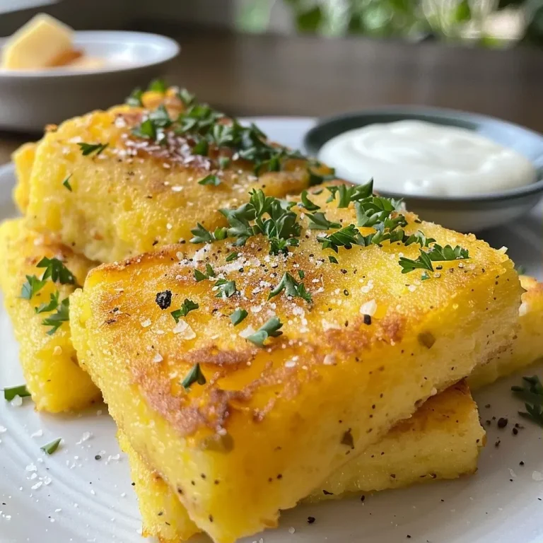 Knusprige Polenta-Stücke in golden-brauner Panade, auf einem Teller angerichtet.