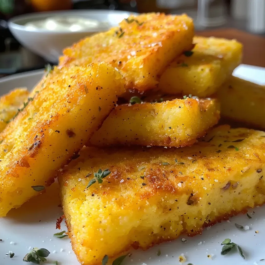 Detailaufnahme von frittierten Polenta-Stücken, garniert mit frischen Kräutern.
