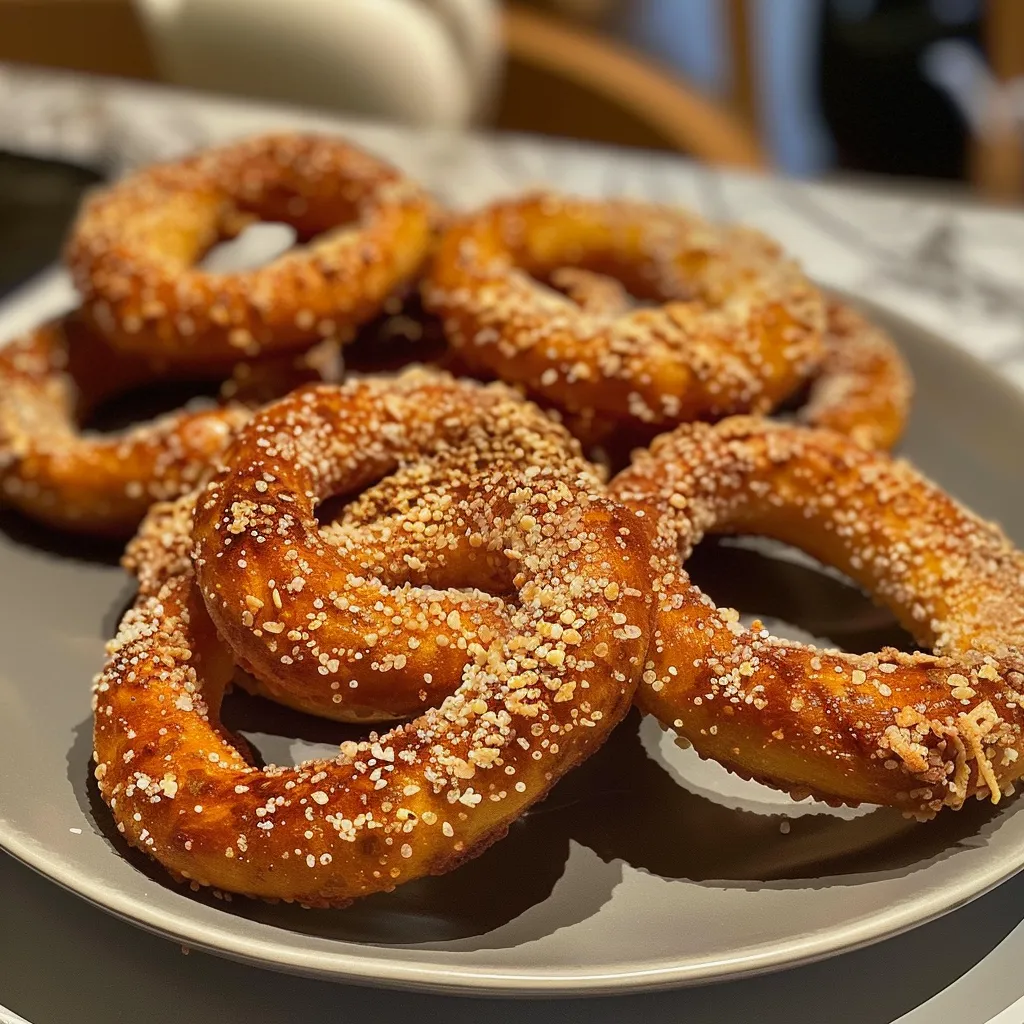 Seitliche Ansicht von goldbraun frittierten Zwiebelringen.