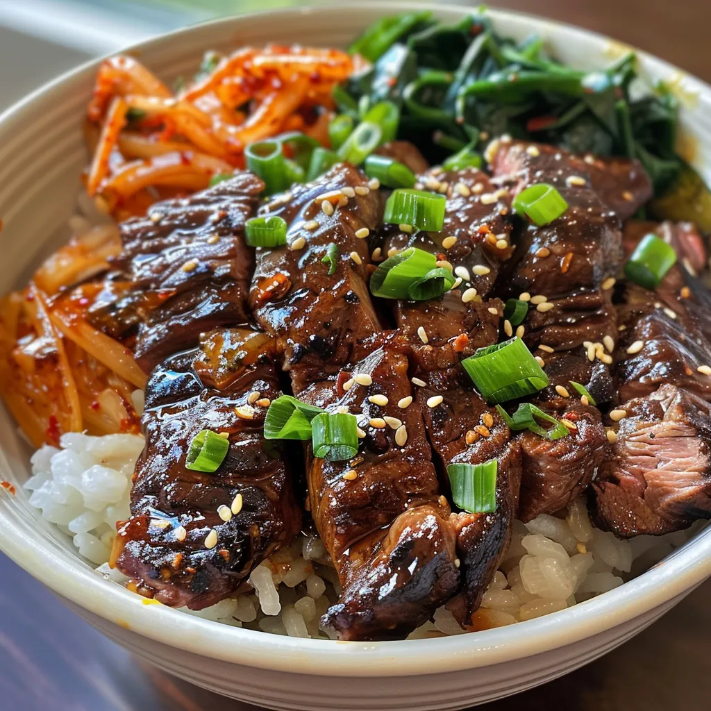 Nahaufnahme eines schmackhaften Steak Bowls mit Reis und Marinade.
