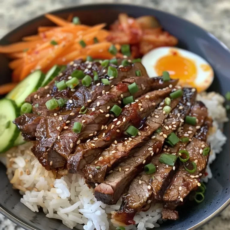 Saftige koreanische BBQ-Rindersteak-Reisbowl mit frischem Gemüse.