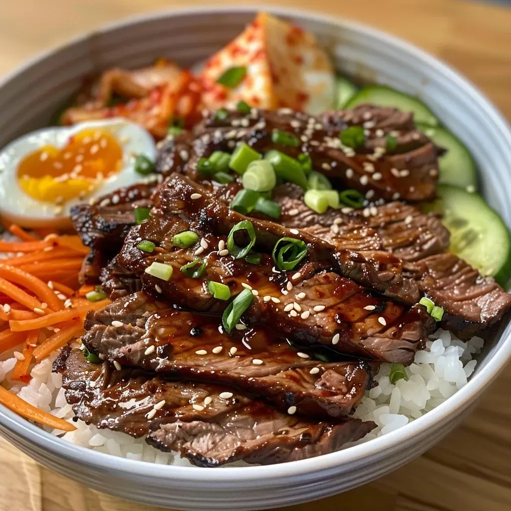 Detailaufnahme einer Reisbowl mit koreanischem BBQ-Steak und Garnierungen.
