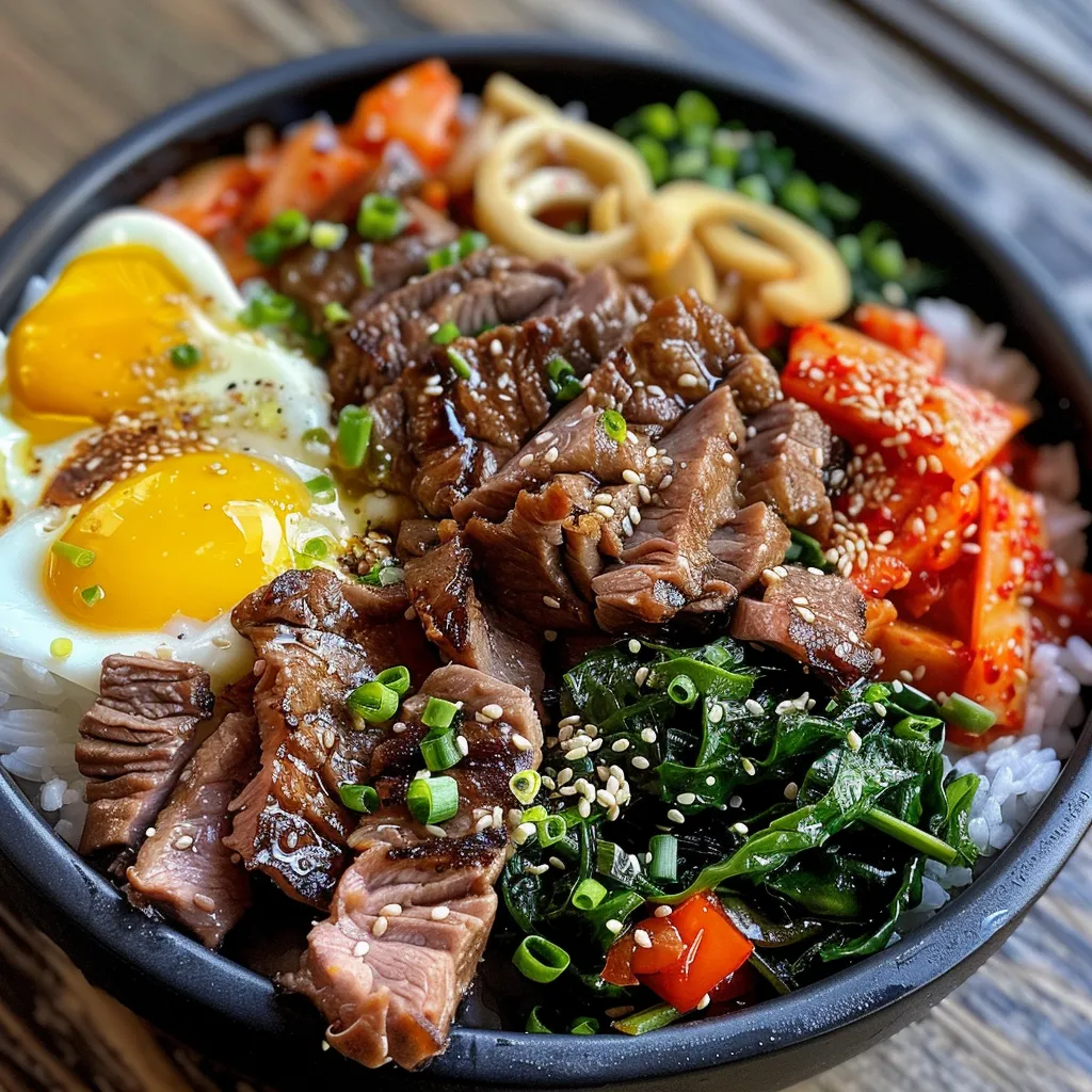 Seiteansicht einer saftigen Rinderhack-Bowl mit Gemüse und Reis.
