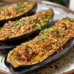 Saftig gebackene Aubergine auf einem Teller, mit Panko-Bröseln bedeckt.