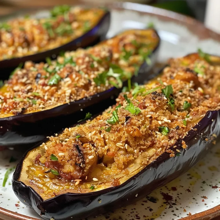 Saftig gebackene Aubergine auf einem Teller, mit Panko-Bröseln bedeckt.