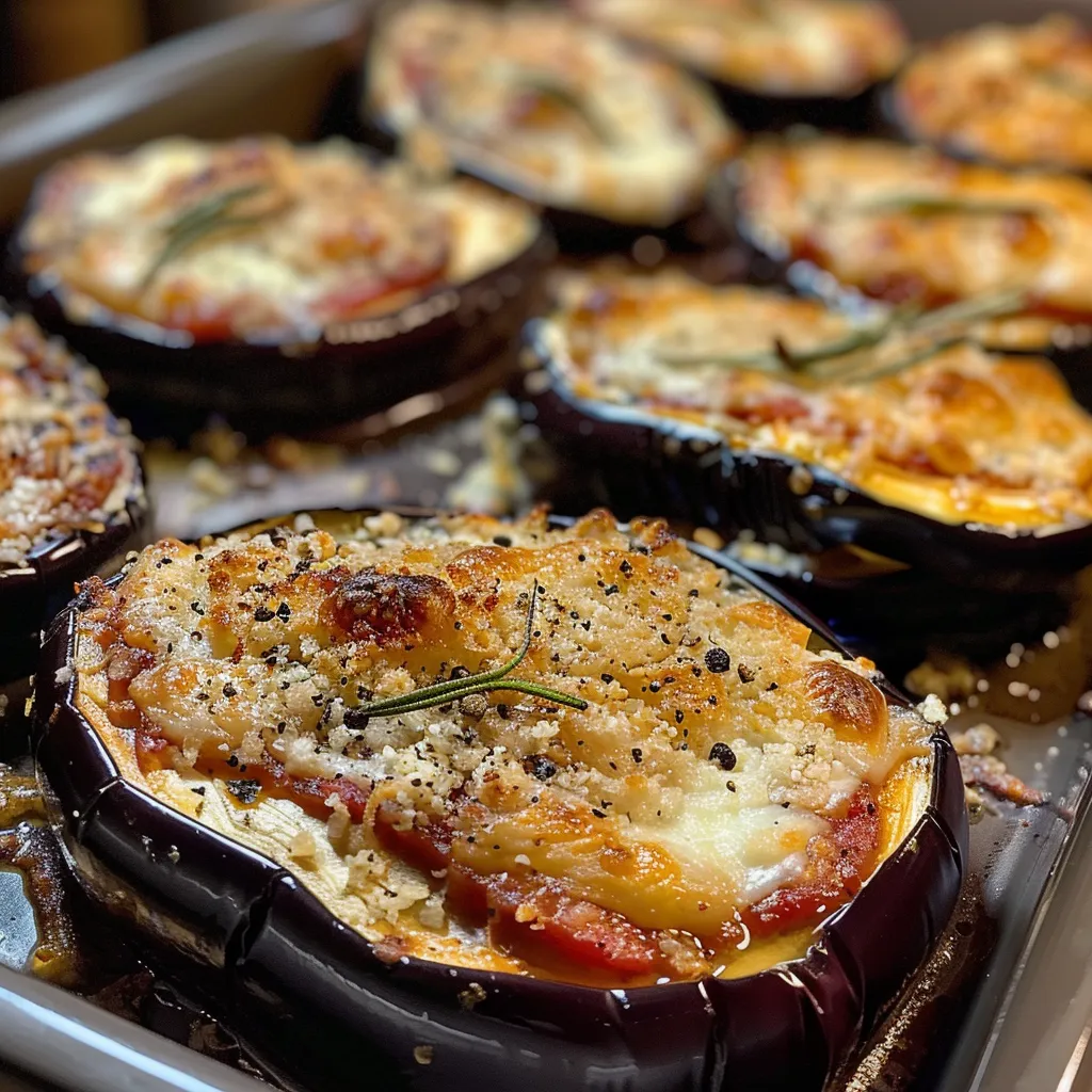 Nahaufnahme einer knusprigen Ofen-Aubergine, umgeben von Dips.