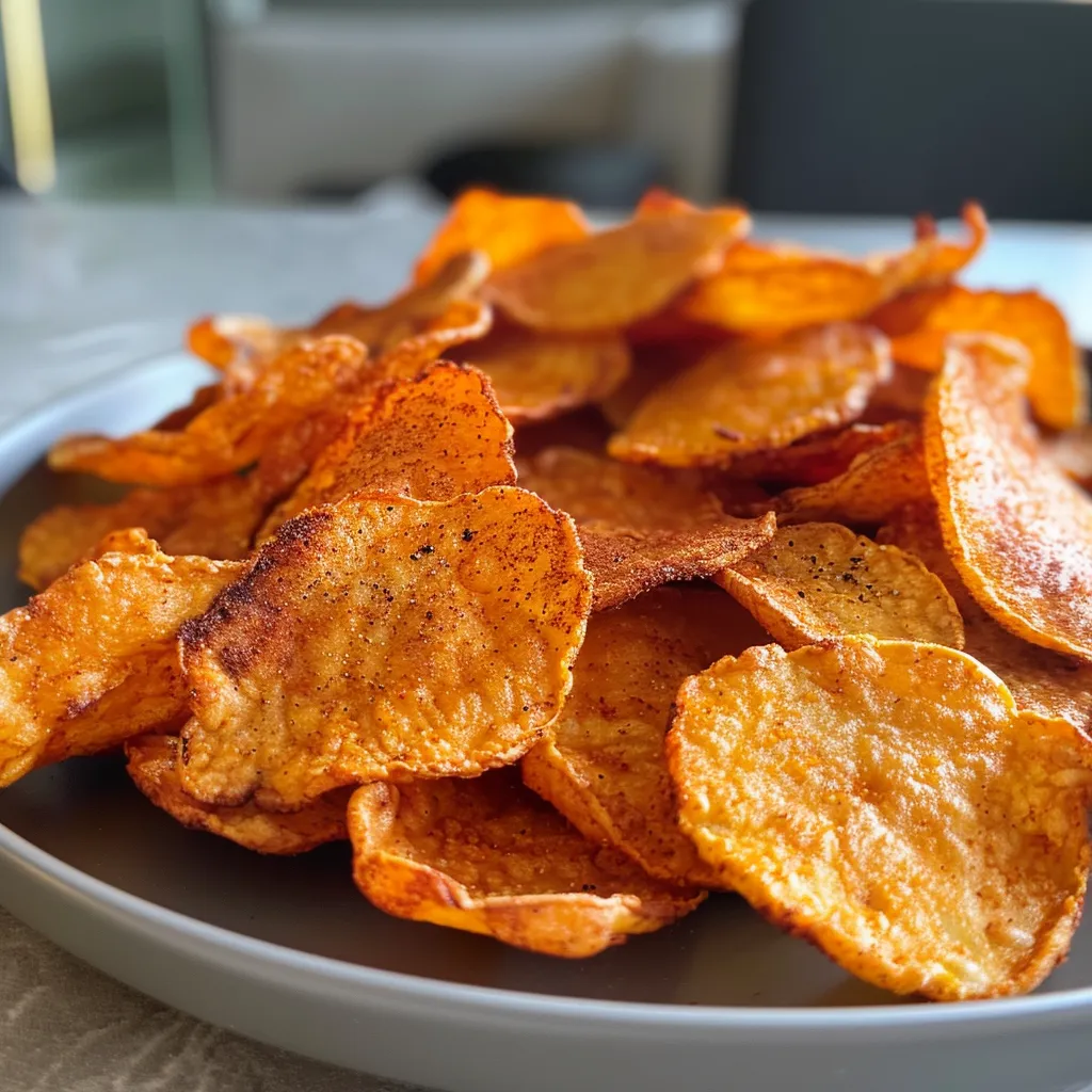 Seiteansicht von goldbraunen Süßkartoffel-Chips, frisch zubereitet.