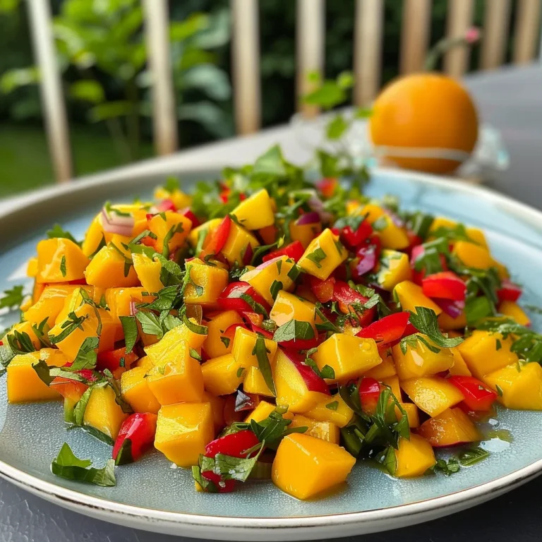 Nahaufnahme eines bunten Linsensalats mit Mango und frischem Gemüse.