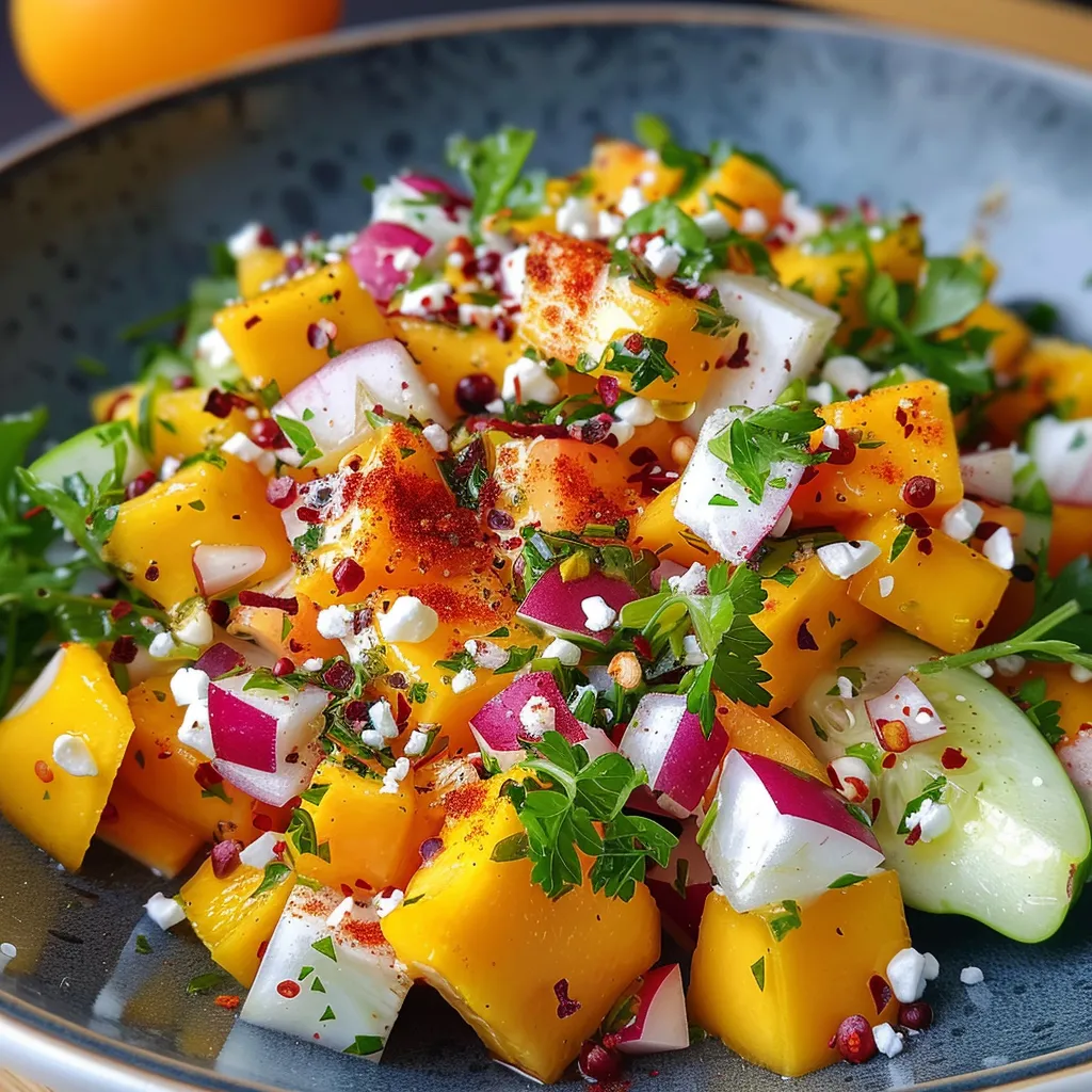 Seiteansicht eines köstlichen Linsensalats, angereichert mit Mango und Paprika.