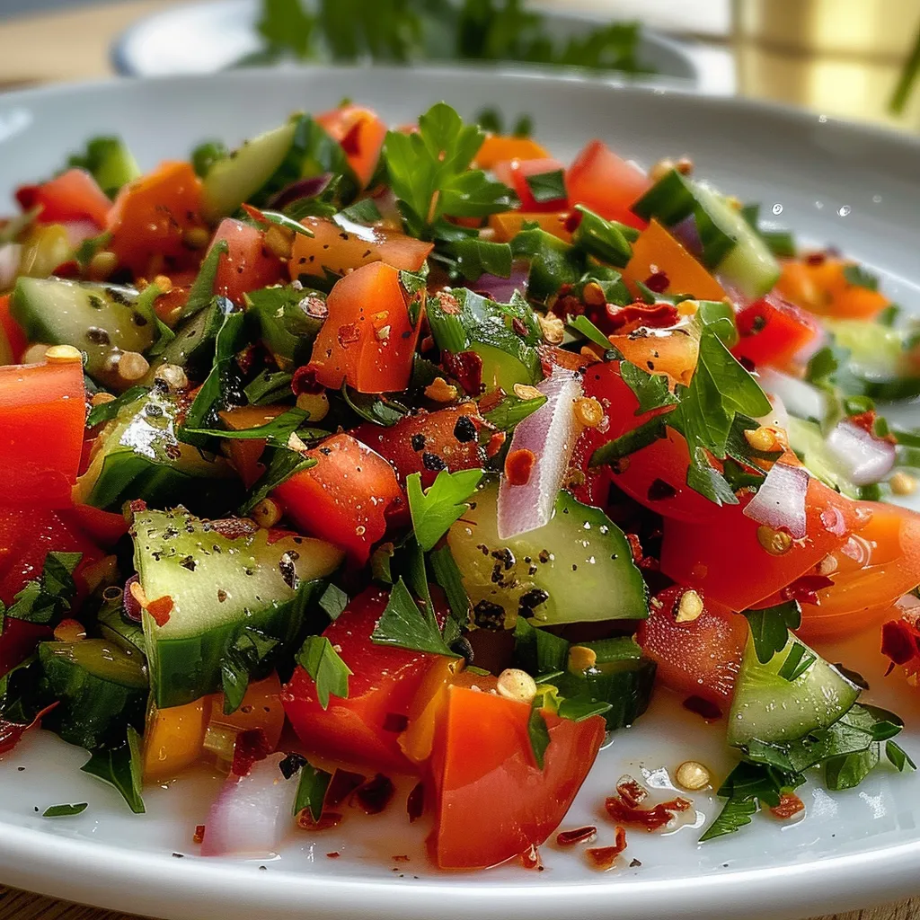 Seitenansicht von Linsensalat mit bunten Paprika- und Gurkenstücken.