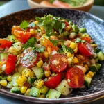 Nahaufnahme von Mais-Salat mit frischen Zutaten.